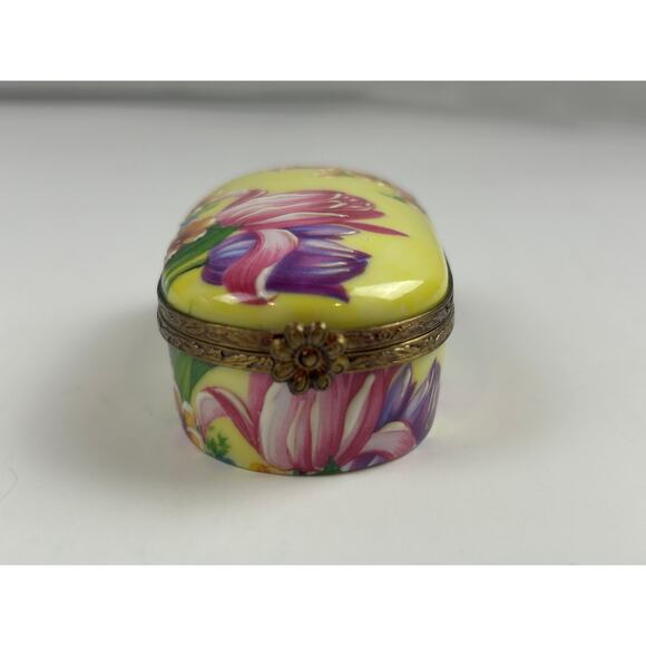 Rochard Limoges France Trinket Box Raised Floral Hand Painted Yellow Oval - Picture 2 of 14